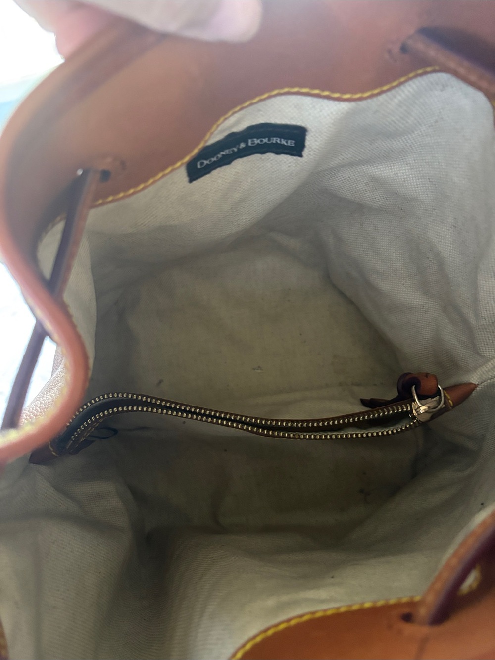 Dooney & Bourke Brown Leather Drawstring Bucket Bag with Yellow Stitching - Picture 3 of 7